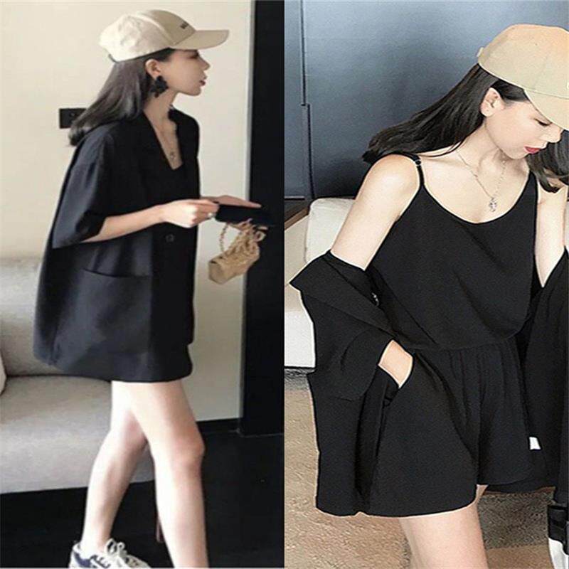 香港胖mm显瘦套装女2025夏新款大码宽松遮肉雪纺小西装三件套欧货
