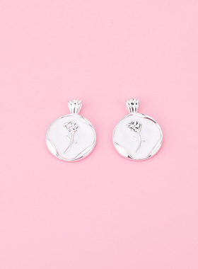 S925纯银圆形滴胶玫瑰吊牌吊坠项链手链吊坠挂件 饰品diy配件