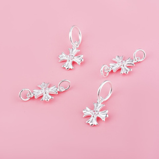 S925纯银镶锆石十字架吊坠双环十字架挂件diy水晶手串配件材料