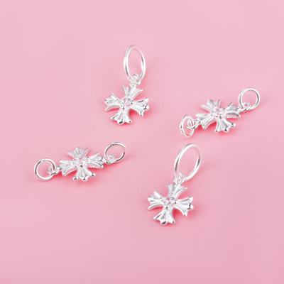 S925纯银镶锆石十字架吊坠双环十字架挂件diy水晶手串配件材料