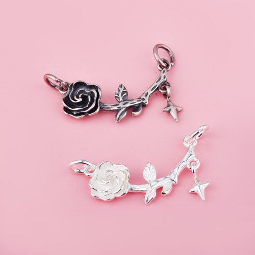 S925纯银玫瑰花双环配件树枝星星吊坠DIY手工编绳串珠耳坠银饰品