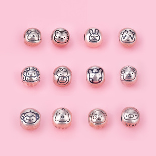 s925纯银复古配件圆形鼠牛虎兔龙蛇马羊猴鸡狗猪十二生肖属相隔珠