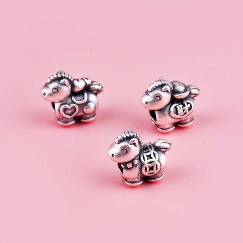 足银999纯银3D硬银配件生肖马隔珠子手工编绳红绳diy铜钱元宝马