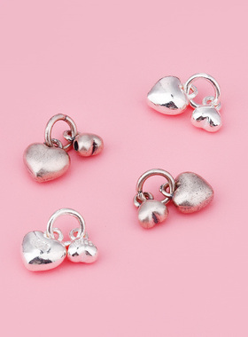 双爱心吊坠手链项链挂坠手工diy饰品材料S925纯银配饰吊环心形