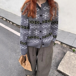 2025秋冬one seven新款宽松显瘦百搭复古提花针织开衫外套女毛衣