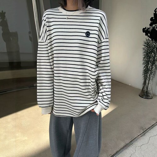one seven笑脸条纹长袖卫衣女2026秋韩版百搭慵懒风宽松显瘦上衣