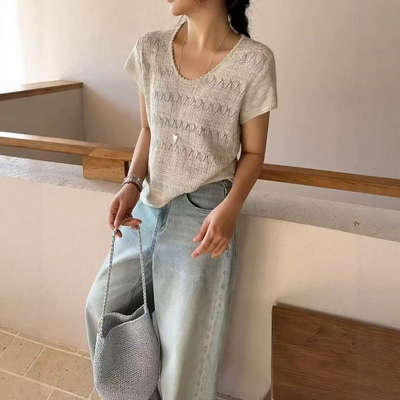 beyourself亚麻钩花U领短袖针织衫女夏装新款薄款百搭小飞袖上衣
