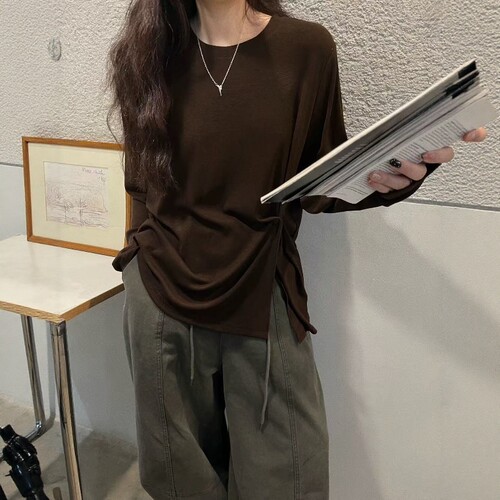 one seven韩系侧扣收腰长袖T恤女2026秋季圆领显瘦百搭宽松上衣潮