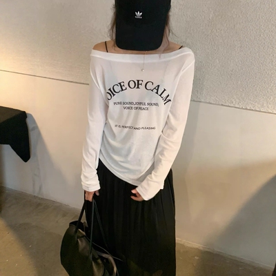 one seven字母印花一字肩长袖T恤女2026春夏宽松显瘦百搭防晒上衣