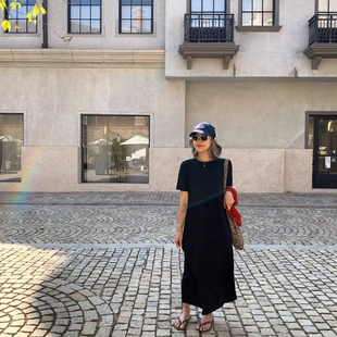 长款 黑色连衣裙2026春夏短袖 t恤宽松显瘦内搭T恤长裙女 seven one