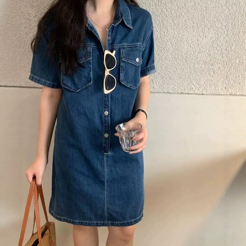 one seven复古牛仔短袖连衣裙女2026夏设计感宽松显瘦减龄休闲裙
