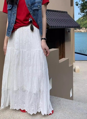 one seven甜美风白色蕾丝提花半身裙女2026春休闲显瘦中长款A字裙