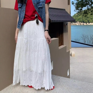 one A字裙 seven甜美风白色蕾丝提花半身裙女2026春休闲显瘦中长款