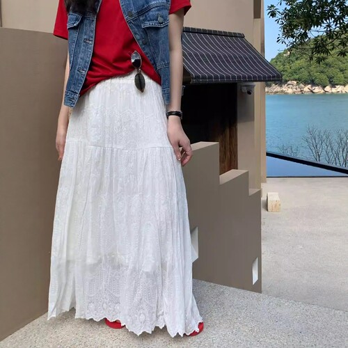 one seven甜美风白色蕾丝提花半身裙女2026春休闲显瘦中长款A字裙
