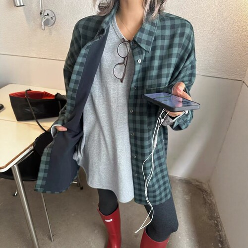 one seven韩系绿色格子加绒衬衫女2026秋冬宽松单排扣中长款外套