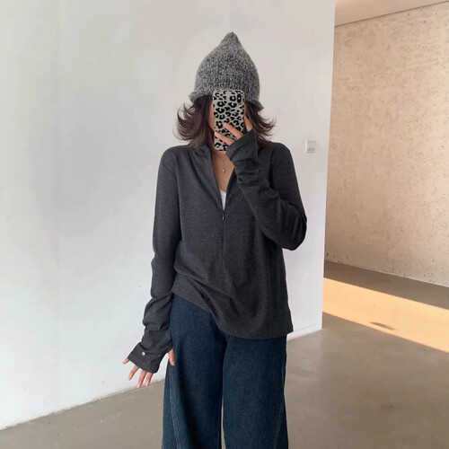 2026秋季one seven新款美式宽松显瘦百搭复古半拉链连帽长袖T恤女