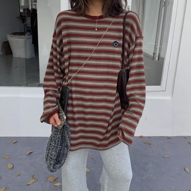 百搭显瘦韩版笑脸条纹长袖T恤女