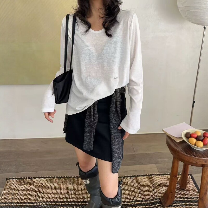 韩系U领刺绣字母长袖T恤女20毛针织衫