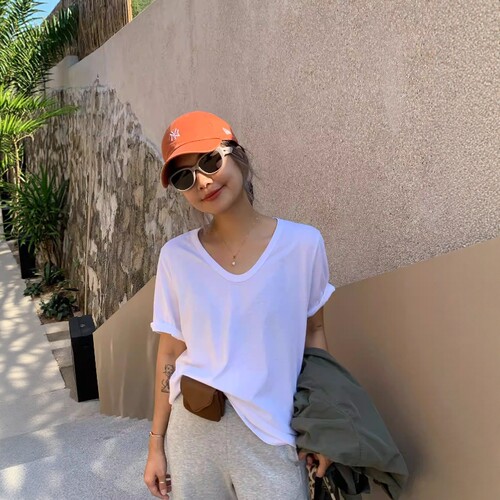 one seven韩版纯色短袖t恤女2026春夏宽松中长款U领蝙蝠袖上衣潮