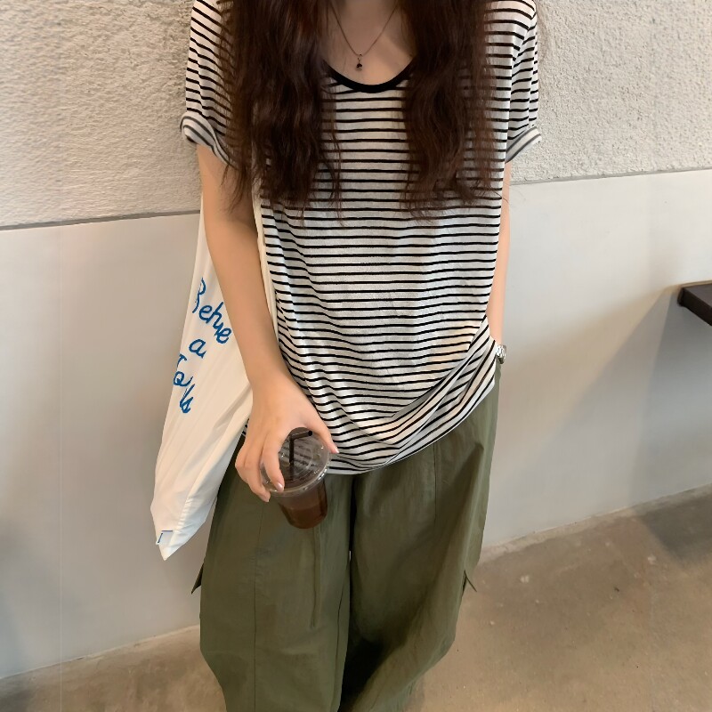 one seven韩版条纹U领短袖T恤女2026夏宽松显瘦百搭减龄半袖上衣
