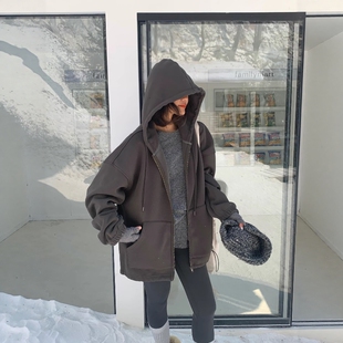 one seven冬季加绒加厚宽松休闲外套百搭连帽卫衣拉链开衫上衣女