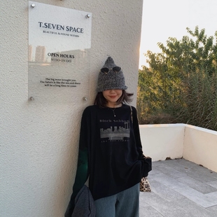 上衣女 复古印花圆领宽松慵懒软糯内搭T恤打底衫 one seven秋冬美式