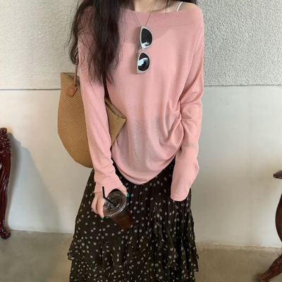one seven纯色露肩长袖防晒t恤女2026春夏宽松显瘦一字肩别致上衣