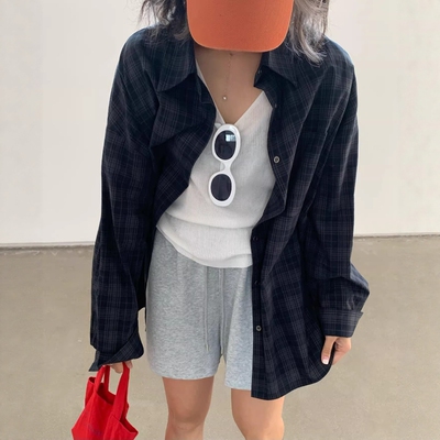 one seven韩系绿格子长袖衬衫女2026春秋宽松显瘦百搭衬衣外套潮