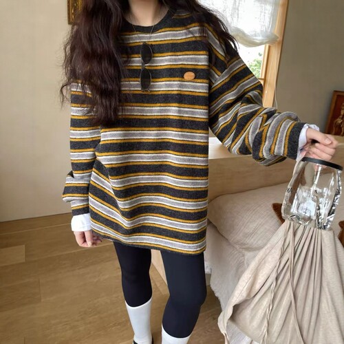 one seven韩系宽松条纹长袖卫衣女2026秋圆领减龄洋气中长款上衣