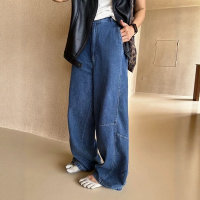 one seven复古水洗蓝色牛仔裤女2026秋宽松显瘦百搭直筒阔腿长裤