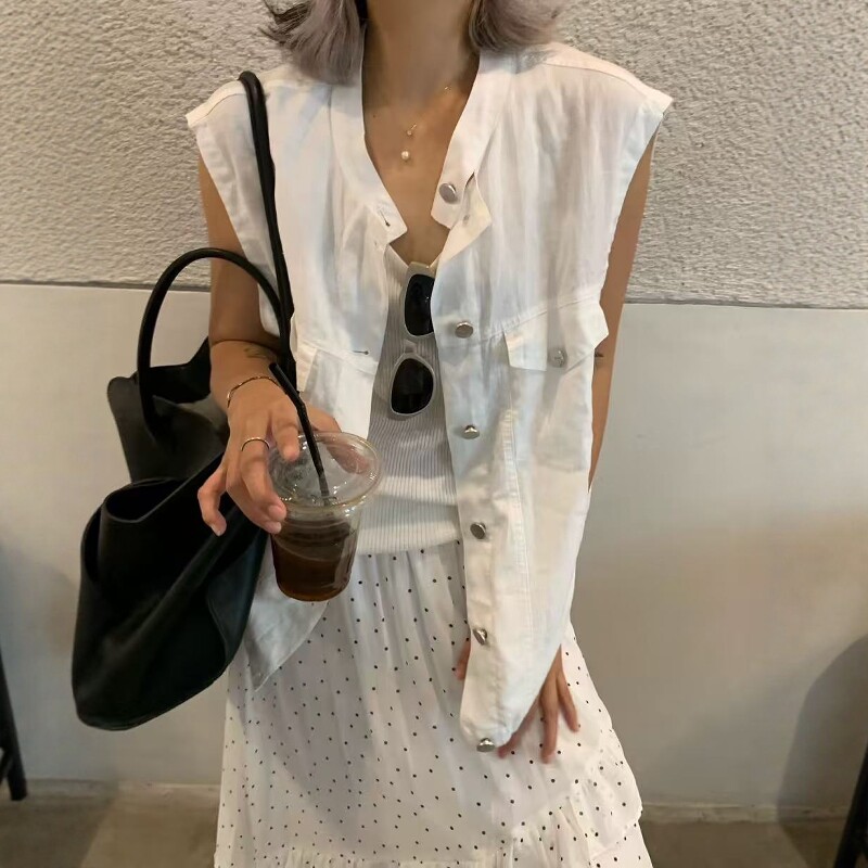 one seven纯色圆领麻料马甲外套女2026夏薄款宽松显瘦百搭上衣潮