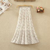 雪纺碎花半身裙女春夏新款 高腰显瘦中长款 A字大摆百褶裙沙滩裙子