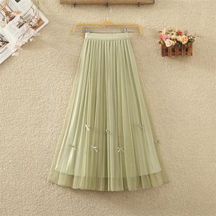 两面穿网纱百褶半身裙女春夏新款 蝴蝶结A字大摆超火纱裙子 中长款