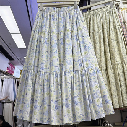 小清新碎花拼接棉布半身裙女春夏新款松紧腰a字大摆小个子中长裙