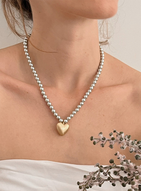 ettoi灰色珍珠爱心项链女