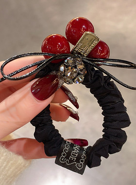 时尚韩版红色珠珠发圈头绳女气质网红扎头花皮筋百搭新款马尾发绳