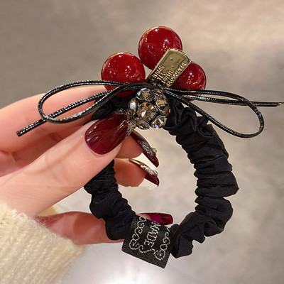 时尚韩版红色珠珠发圈头绳女气质网红扎头花皮筋百搭新款马尾发绳