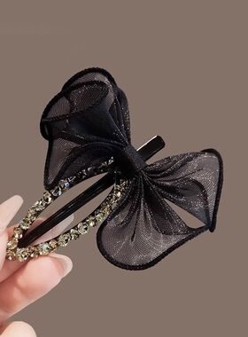 高级感黑色蝴蝶结鸭嘴夹网红时尚泡泡纱发夹洋气刘海夹侧边夹