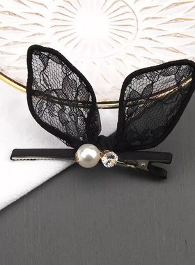 蕾丝兔耳朵发夹蝴蝶结边夹珍珠水钻黑色刘海夹子顶夹一字夹鸭嘴夹