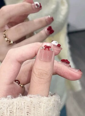 卡通甜美可爱短款穿戴甲红色蝴蝶结可爱Kitty猫美甲片显白穿戴甲