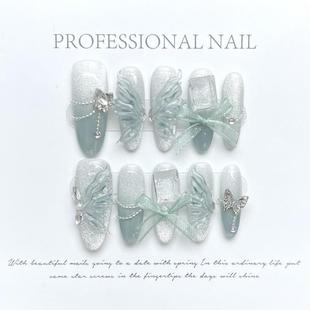 穿戴甲韩系ins冰沙猫眼青玉蝴蝶高级爆闪黄黑皮显白甲中长款 气质