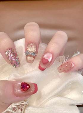 新款树莓红色堆钻波点猫眼新年战甲亚裔甜心辣风显白高级穿戴美甲