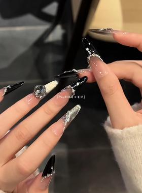 新款高级清冷御姐型黑色法式中长款美甲爆闪猫眼碎钻显白穿戴甲