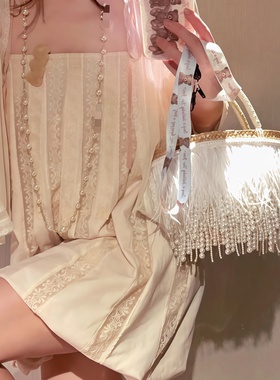 野草莓/幻影珍珠  Plmmbase仙女风鸵鸟毛珍珠流苏草编包手提包