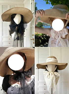 Viora托卡少女/美狗同款超大复古法式丝带蝴蝶结遮阳大帽檐草帽
