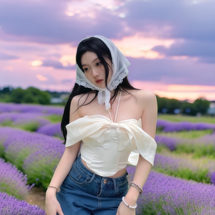 Romance ofgirls 龙心同款纯白爱丽丝蕾丝三角巾头巾甜美法式少女