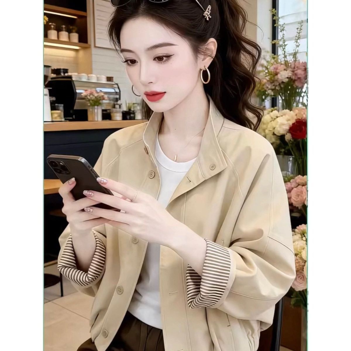 2026春季网红新款短款夹克外套女韩版减龄条纹拼接显瘦立领上衣潮
