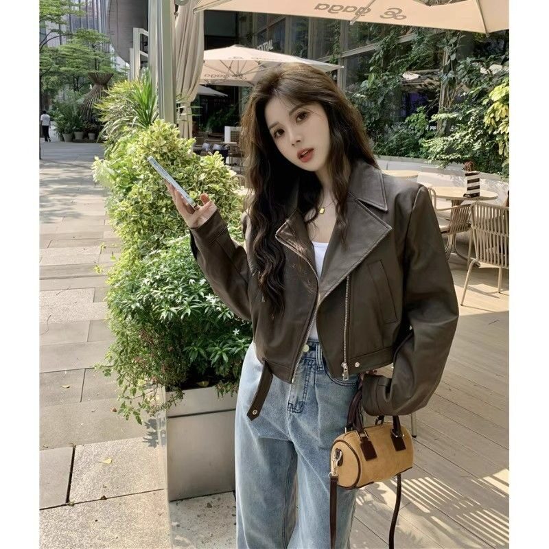 高街美式复古PU皮衣外套女士早秋2025新款短款夹克显瘦遮肉上衣