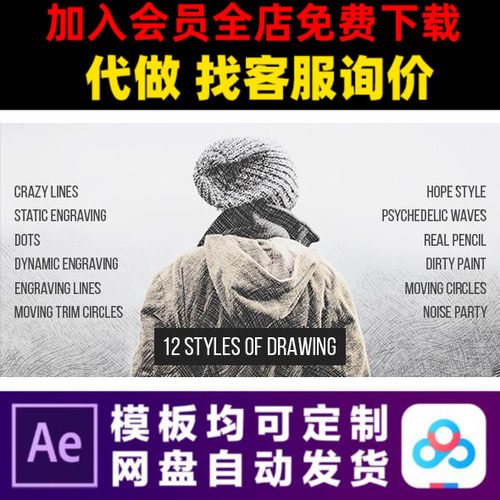 AE模板12种绘画风格素描版画艺术照片展示电子相册视频制作模版