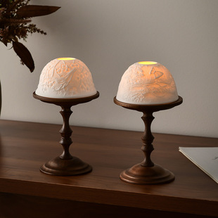 中古风胡桃木烛台带骨瓷通风罩蜡烛台装饰品烛光香薰蜡烛餐桌摆件